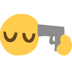 a calm emoji-yellow face with closed eyes pointing a cartoony gray gun to their head
